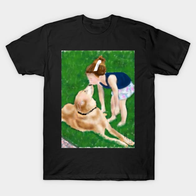 Little Girl Kissing her Golden Retriever T-Shirt by LITDigitalArt